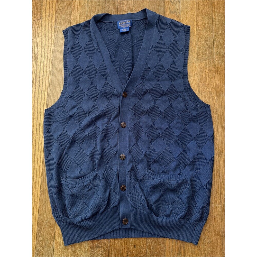 Pendleton Cardigan Vest Sweater Men's XL Blue Knit Argyle Diamond Grandpa Cotton